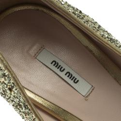 Pre Owned Miu Miu Gold Glitter Velvet Bow Peep Toe Platform Pumps Size 35