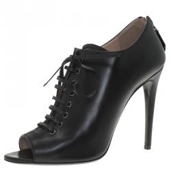 Miu Miu Black Leather Lace Up Open Toe Ankle Boots Size 39.5