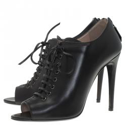 Miu Miu Black Leather Lace Up Open Toe Ankle Boots Size 39.5