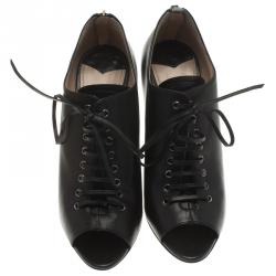 Miu Miu Black Leather Lace Up Open Toe Ankle Boots Size 39.5