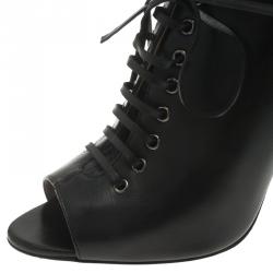 Miu Miu Black Leather Lace Up Open Toe Ankle Boots Size 39.5