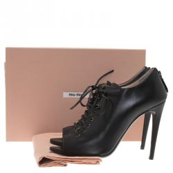 Miu Miu Black Leather Lace Up Open Toe Ankle Boots Size 39.5