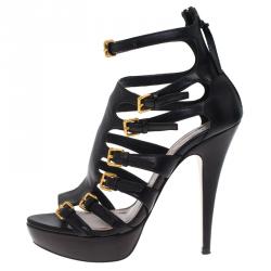 Pre Owned Miu Miu Black Leather Multi Strap Platform Sandals Size 37