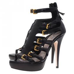 Pre Owned Miu Miu Black Leather Multi Strap Platform Sandals Size 37