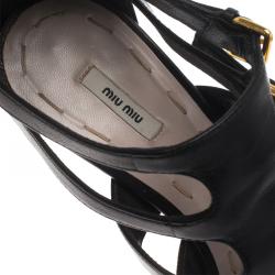 Pre Owned Miu Miu Black Leather Multi Strap Platform Sandals Size 37