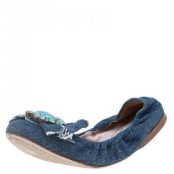 Pre Owned Miu Miu Blue Denim Embellished Ballet Flats Size 35.5