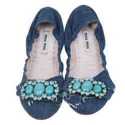 مملوكة مسبقًا Miu Miu Blue Denim Embellished Ballet Flats Size 35.5