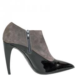 Pre Owned حذاء بوت للكاحل ميو ميو بفيونكة  جلد لامع أسود وسويدي رصاصي مقاس 38