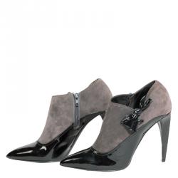 Pre Owned حذاء بوت للكاحل ميو ميو بفيونكة  جلد لامع أسود وسويدي رصاصي مقاس 38