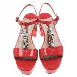 Pre Owned Miu Miu Pink Patent Embellished T Strap Block Heel Platform Sandals Size 38