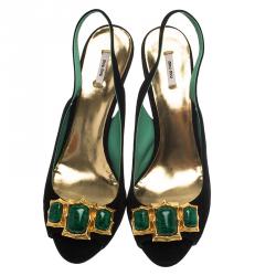 Pre Owned Miu Miu Black Suede Jeweled Slingback Sandals Size 39