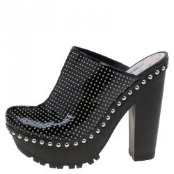 Pre Owned Miu Miu Black Patent Studded Leather Platform Clogs Size 39