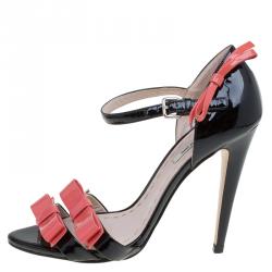 Pre Owned Miu Miu Pink and Black Patent Bow Mary Jane Sandals Size 36