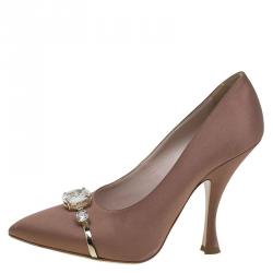 Pre Owned Miu Miu Bronze Satin Jewel Embellished Pointed Toe Pumps Size 40