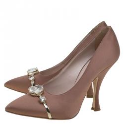 Pre Owned Miu Miu Bronze Satin Jewel Embellished Pointed Toe Pumps Size 40