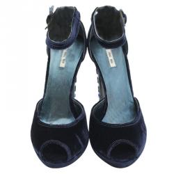 مملوكة مسبقًا Miu Miu Blue Velvet Jeweled Heel Ankle Strap Sandals Size 36.5