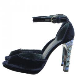 مملوكة مسبقًا Miu Miu Blue Velvet Jeweled Heel Ankle Strap Sandals Size 36.5