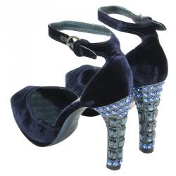 مملوكة مسبقًا Miu Miu Blue Velvet Jeweled Heel Ankle Strap Sandals Size 36.5