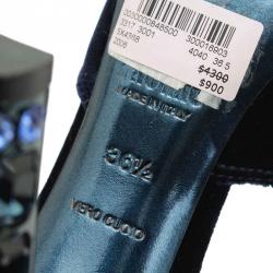 مملوكة مسبقًا Miu Miu Blue Velvet Jeweled Heel Ankle Strap Sandals Size 36.5