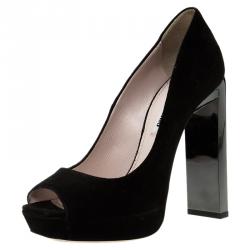 Pre Owned Miu Miu Swarovski Crystal Heel Peep Toe Platform Pumps Size 36