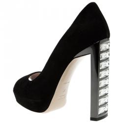 Pre Owned Miu Miu Swarovski Crystal Heel Peep Toe Platform Pumps Size 36