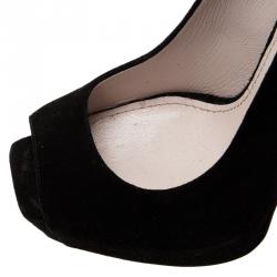 Pre Owned Miu Miu Swarovski Crystal Heel Peep Toe Platform Pumps Size 36