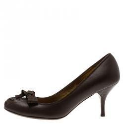 Pre Owned Miu Miu Brown Leather Bow Detail Pumps Size 36.5