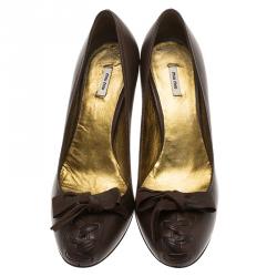 Pre Owned Miu Miu Brown Leather Bow Detail Pumps Size 36.5