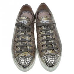 Pre Owned Miu Miu Brown Python Print Glossy Leather Studded Cap Toe Sneakers Size 39.5