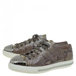 Pre Owned Miu Miu Brown Python Print Glossy Leather Studded Cap Toe Sneakers Size 39.5