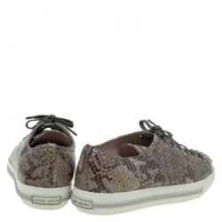 Pre Owned Miu Miu Brown Python Print Glossy Leather Studded Cap Toe Sneakers Size 39.5