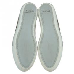 Pre Owned Miu Miu Brown Python Print Glossy Leather Studded Cap Toe Sneakers Size 39.5