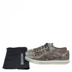 Pre Owned Miu Miu Brown Python Print Glossy Leather Studded Cap Toe Sneakers Size 39.5