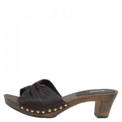 Miu Miu Brown Leather Wooden Mules Slides Platform Sandals Size 40