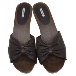 Miu Miu Brown Leather Wooden Mules Slides Platform Sandals Size 40