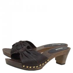 Miu Miu Brown Leather Wooden Mules Slides Platform Sandals Size 40