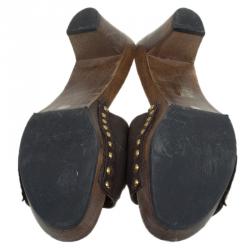 Miu Miu Brown Leather Wooden Mules Slides Platform Sandals Size 40