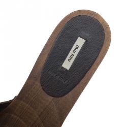 Miu Miu Brown Leather Wooden Mules Slides Platform Sandals Size 40