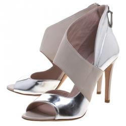 Pre Owned Miu Miu Two Tone Leather Asymmetrical Strap Peep Toe Pumps Size 38.5