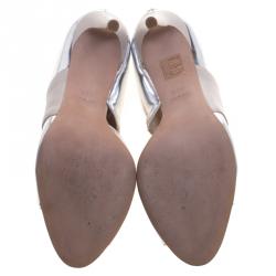 Pre Owned Miu Miu Two Tone Leather Asymmetrical Strap Peep Toe Pumps Size 38.5