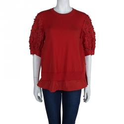 Moncler Red Knit  Floral Applique Sleeve Detail Top M