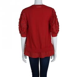 Moncler Red Knit  Floral Applique Sleeve Detail Top M