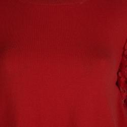 Moncler Red Knit  Floral Applique Sleeve Detail Top M