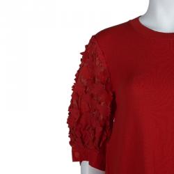 Moncler Red Knit  Floral Applique Sleeve Detail Top M