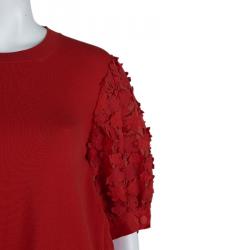 Moncler Red Knit  Floral Applique Sleeve Detail Top M