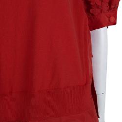 Moncler Red Knit  Floral Applique Sleeve Detail Top M