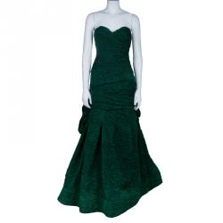 Monique Lhuillier Green Tufted-skirt Strapless Gown M