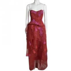 Monique Lhuillier Red Floral Embroidered Net Strapless Tiered Peplum Gown S