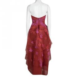 Monique Lhuillier Red Floral Embroidered Net Strapless Tiered Peplum Gown S