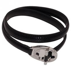 Pre Owned Montblanc Hold Me Tight Black Leather Silver Bracelet